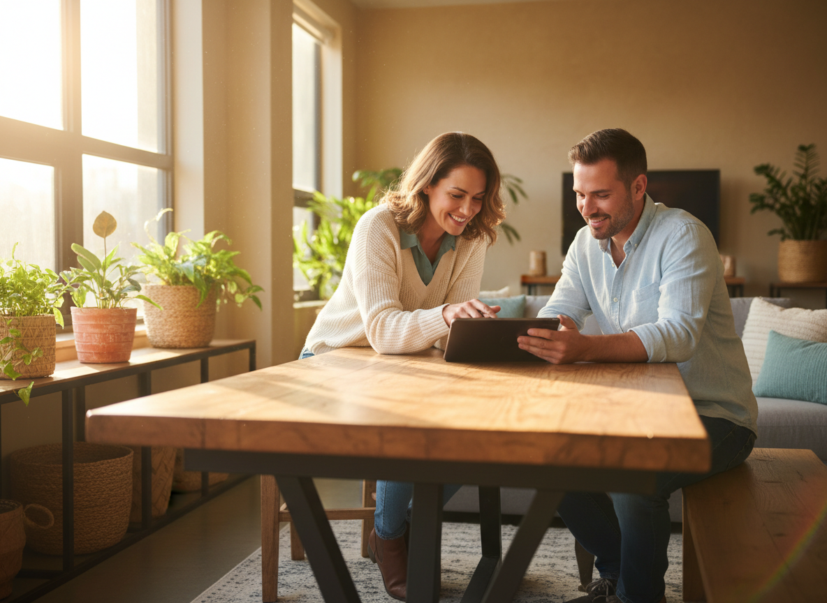 A friendly HR consultant meeting warmly with a small business owner at a sunlit wooden table